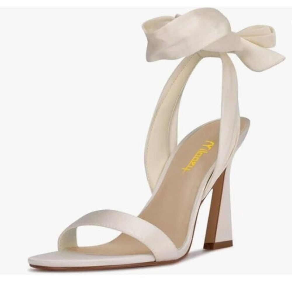 Milooey shoes White Open Toe Strappy Lace Up Block High Heels Ankle Strap Sandal